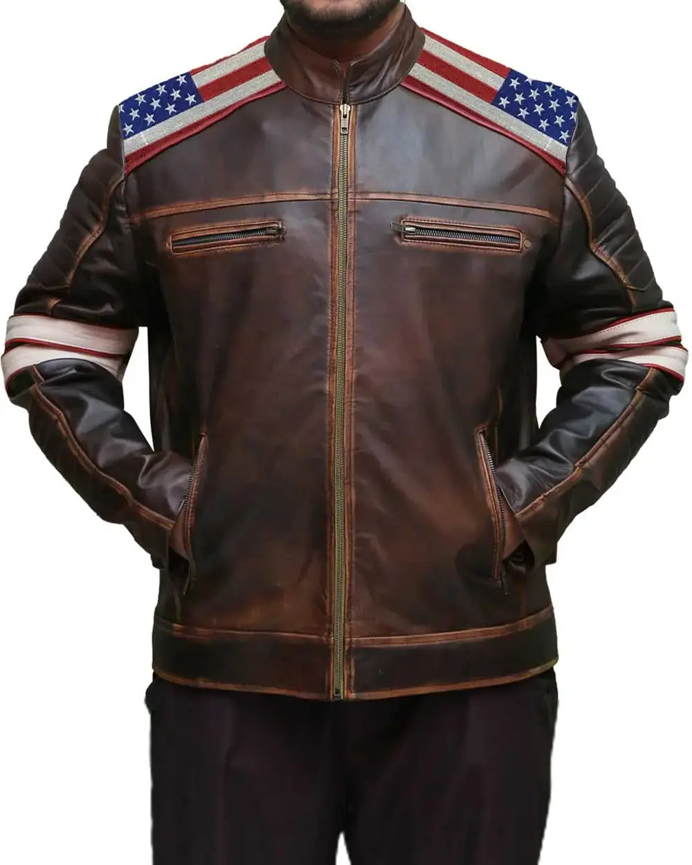 American Flag Shoulders Brown Leather Jacket