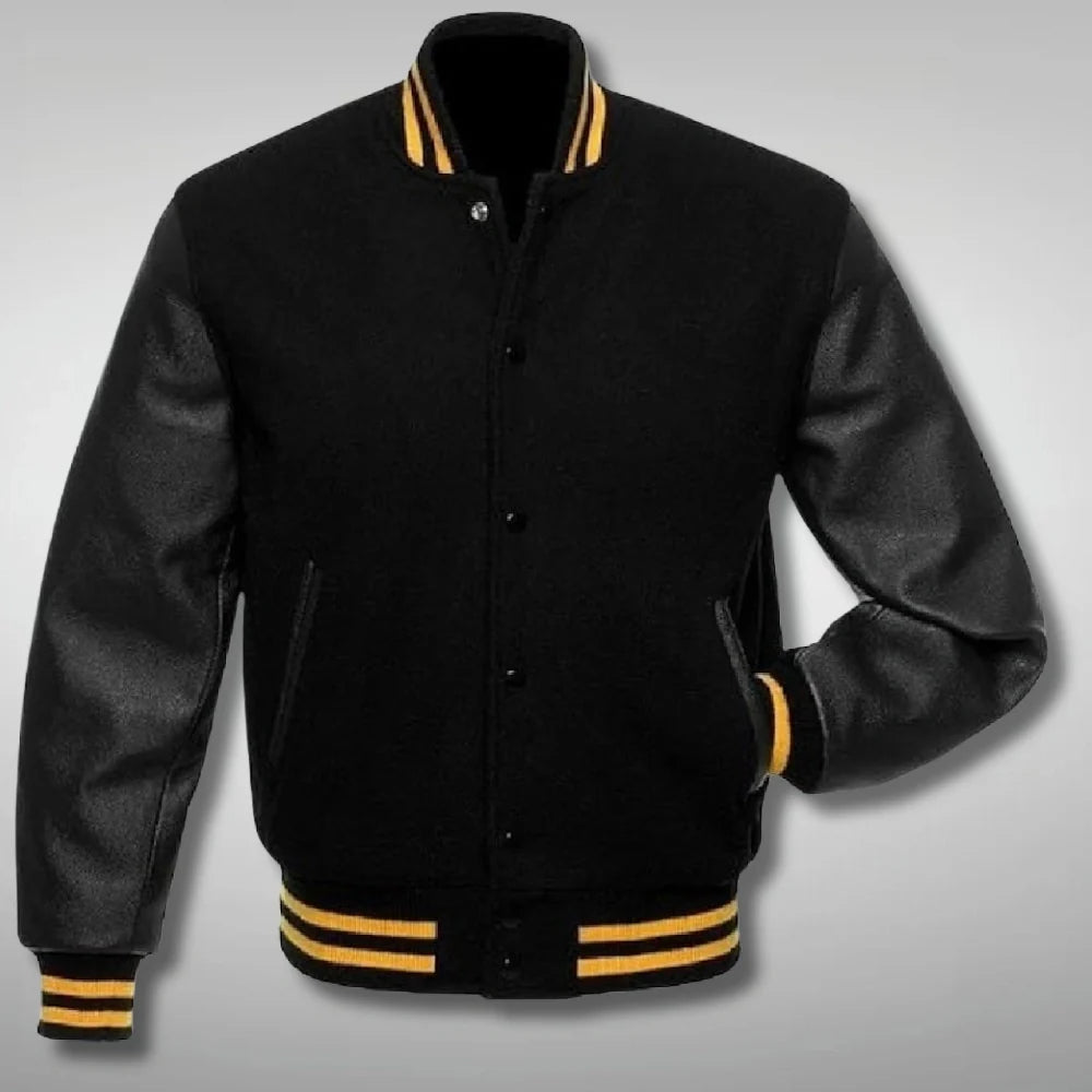 Black Varsity Jacket with Yellow Stripe