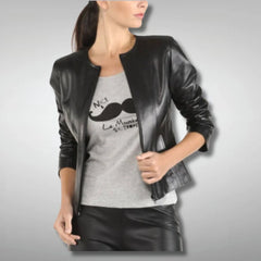 Women's Black Collarless Leather Motorcycle Jacket