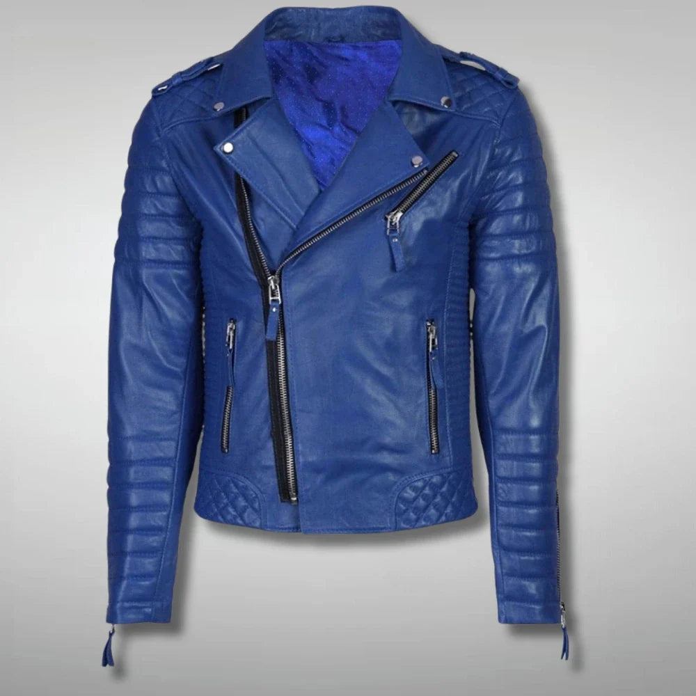 Men's Blue Quilted Leather Cafe Racer Jacket