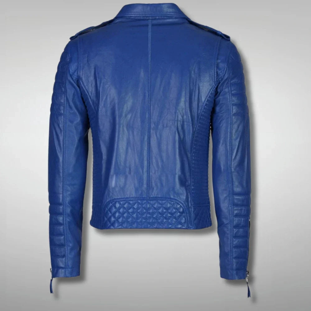 Men's Blue Quilted Leather Cafe Racer Jacket