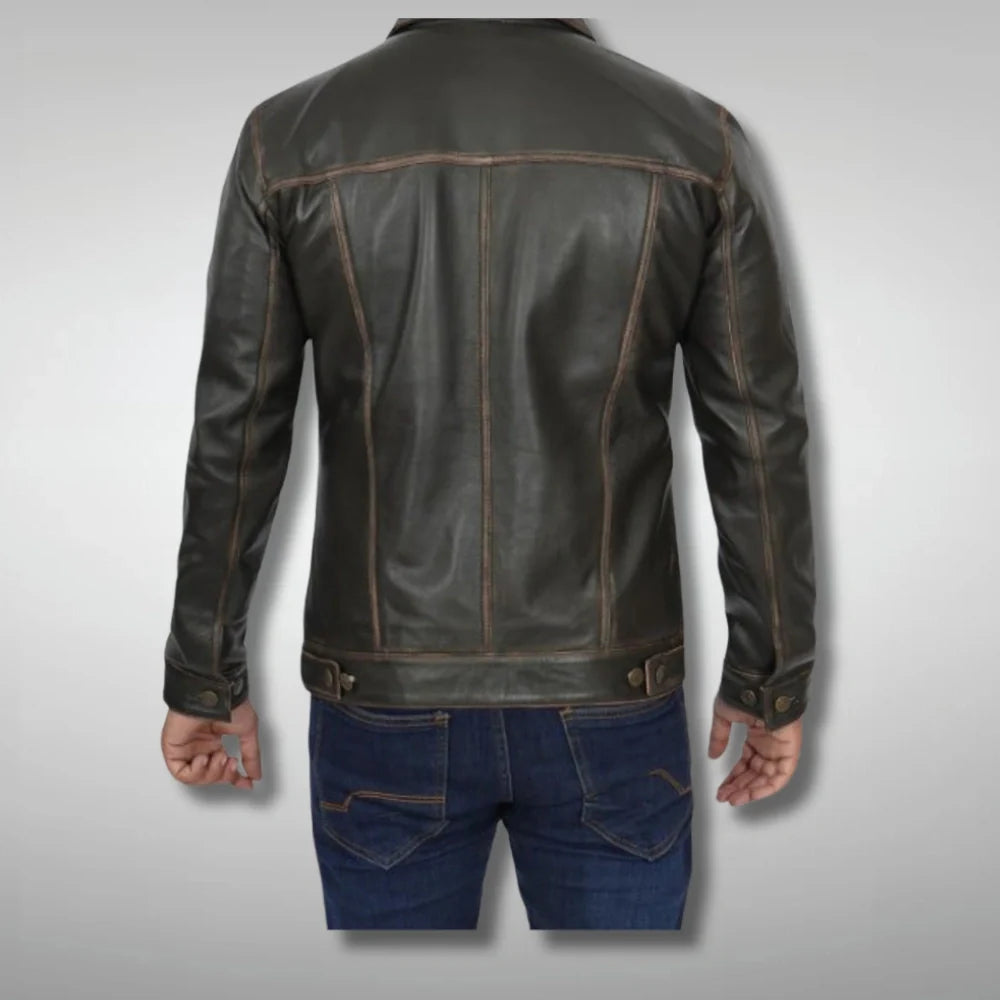 Brown Distressed Leather Trucker Jacket for Men