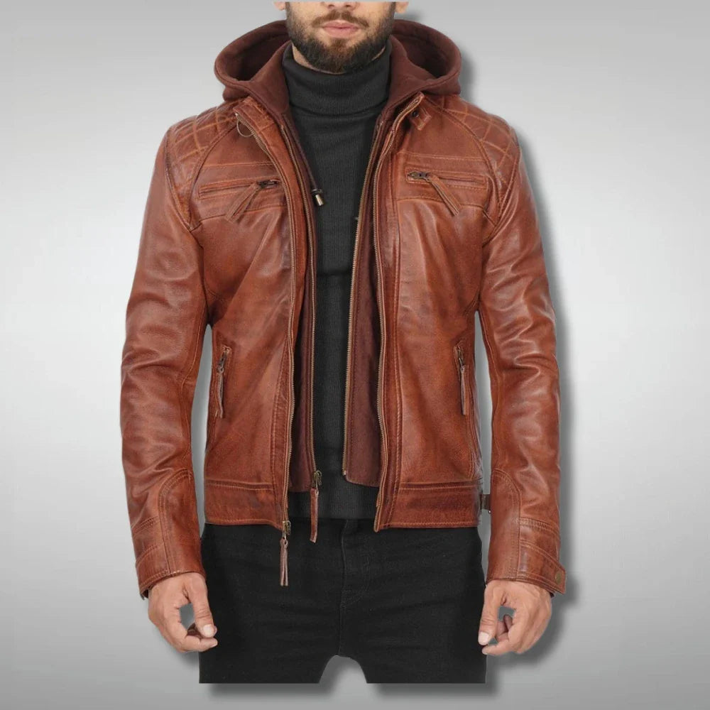 Mens Brown Biker Quilted Jacket With Removable Hood