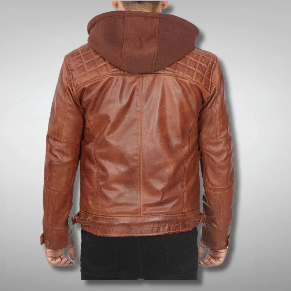 Mens Brown Biker Quilted Jacket With Removable Hood