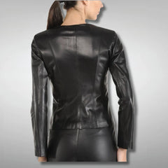 Women's Black Collarless Leather Motorcycle Jacket