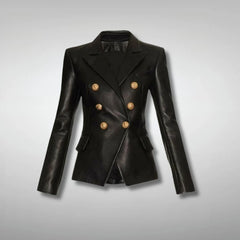 Women's Fashion Double Breasted Slim Fit Black Leather Blazer