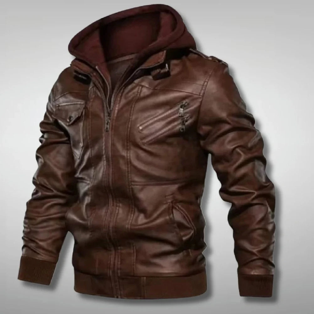 Men's Brown Biker Jacket with Removable Hood