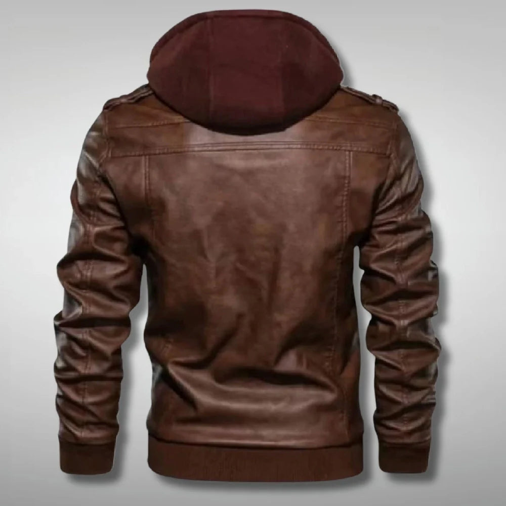 Men's Brown Biker Jacket with Removable Hood