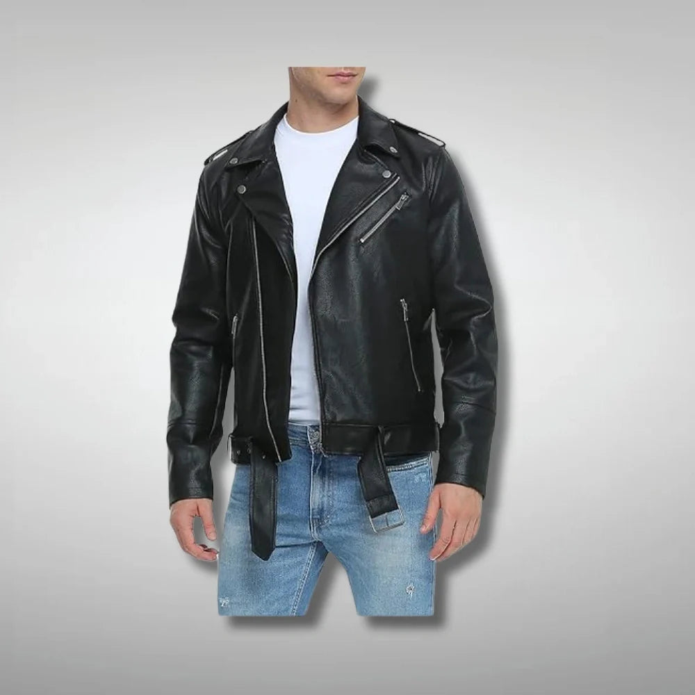 Mens Belted Style Black Leather Biker Jacket