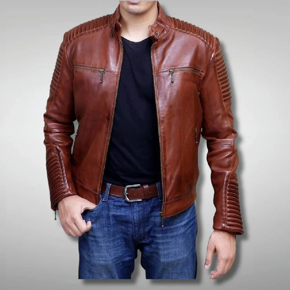 Men's Cafe Racer Leather Brown Biker Jacket