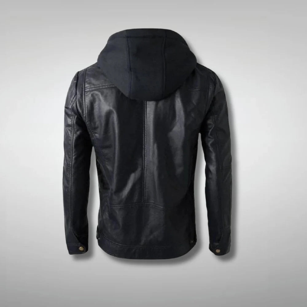 Men's Hooded Black Leather Moto Jacket