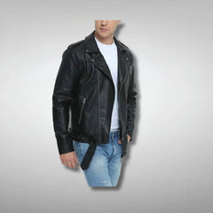 Mens Belted Style Black Leather Biker Jacket