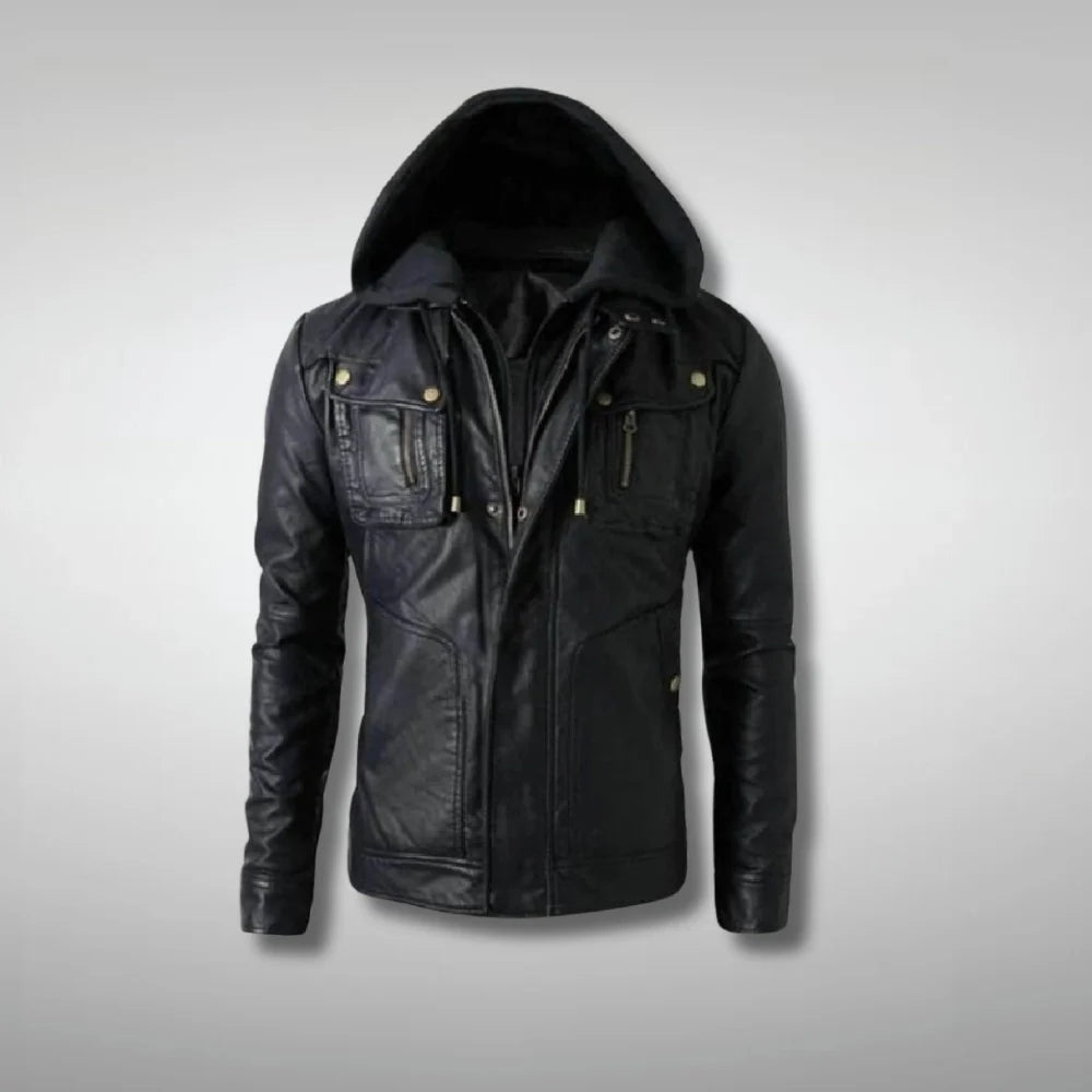 Men's Hooded Black Leather Moto Jacket