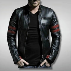 Red Strips Black Leather Motorcycle Jackets For Men