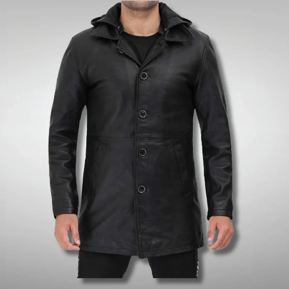 Mens Black Leather Coat with Hood