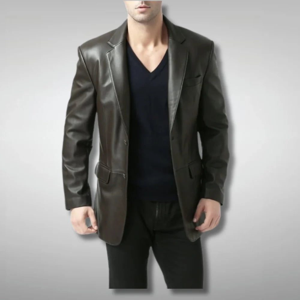 Men's Dark Brown Two Button Leather Blazer Coat