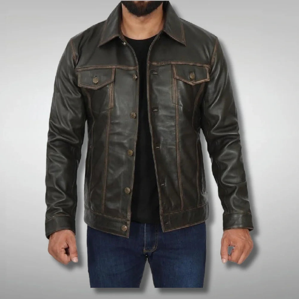 Brown Distressed Leather Trucker Jacket for Men