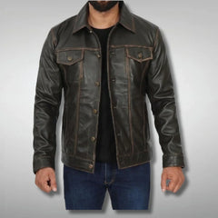 Brown Distressed Leather Trucker Jacket for Men