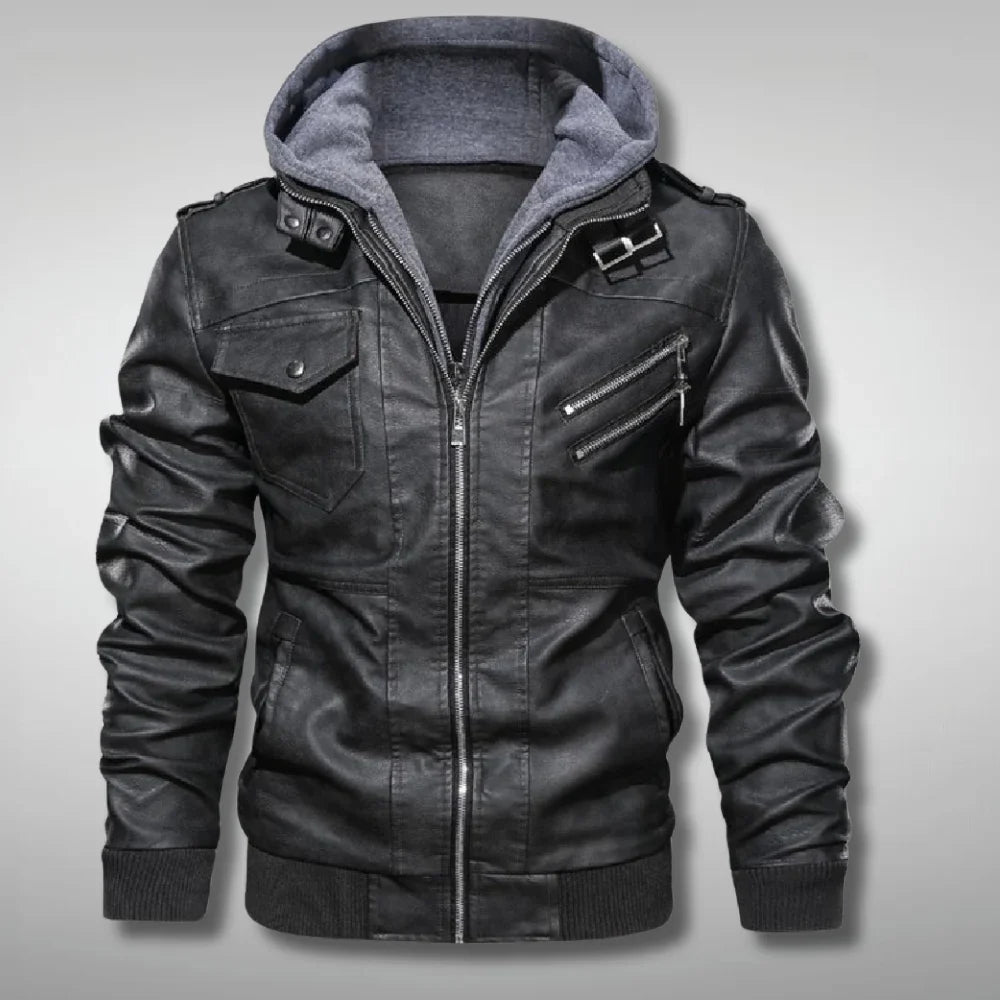 Mens Distressed  Biker Hooded Black Leather Bomber Jacket