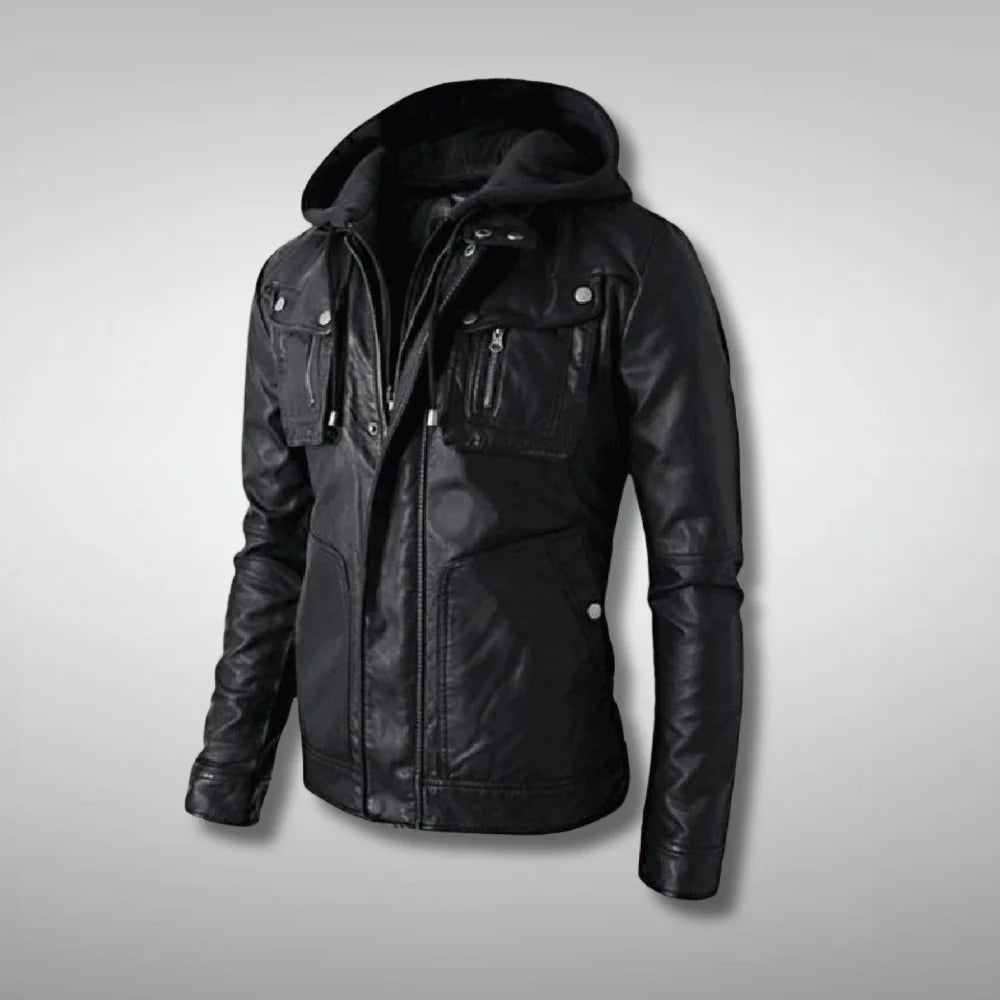 Men's Hooded Black Leather Moto Jacket