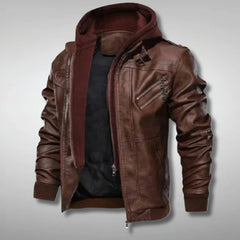 Men's Brown Biker Jacket with Removable Hood