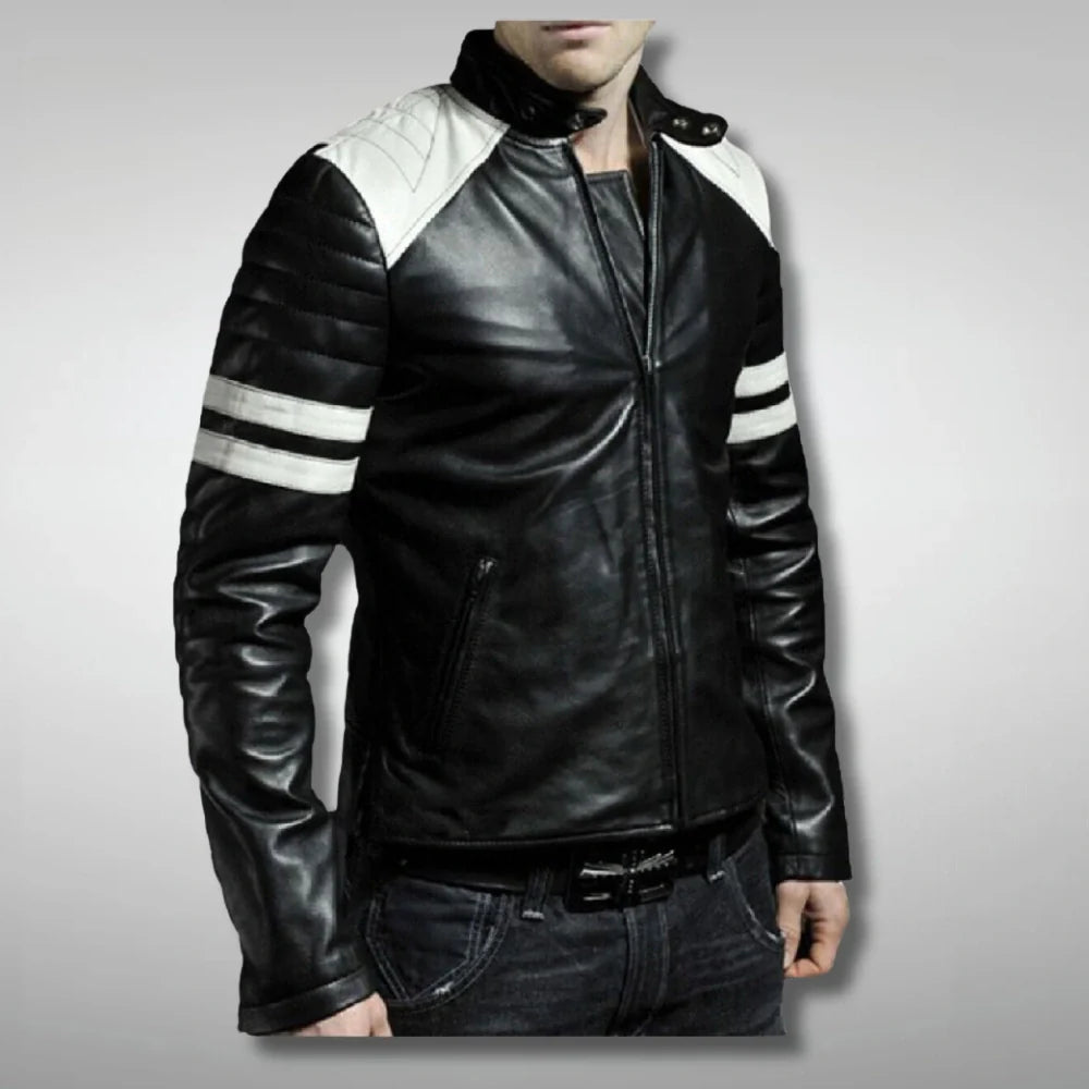 Men's White Strips Black Cafe Racer Jacket