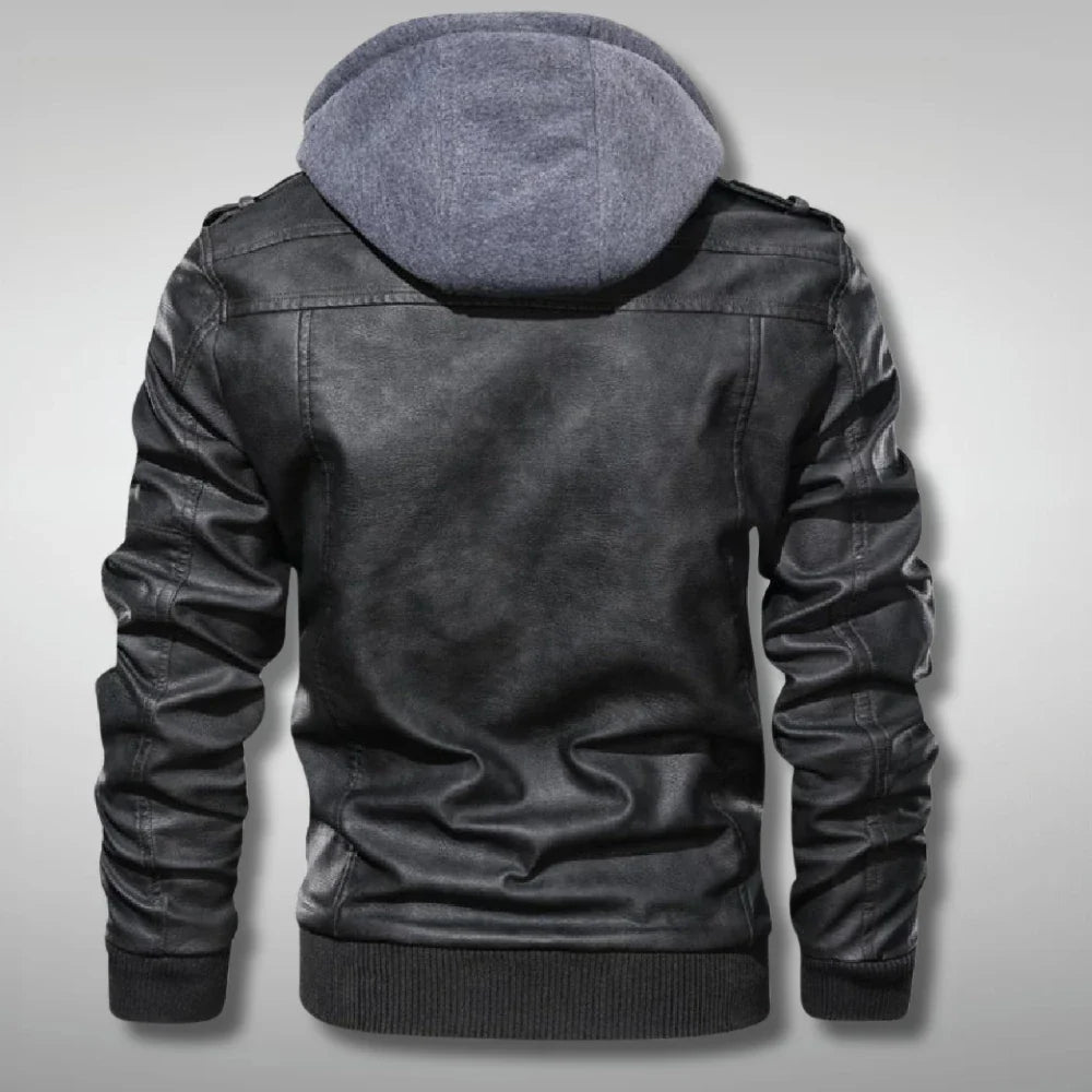 Mens Distressed  Biker Hooded Black Leather Bomber Jacket