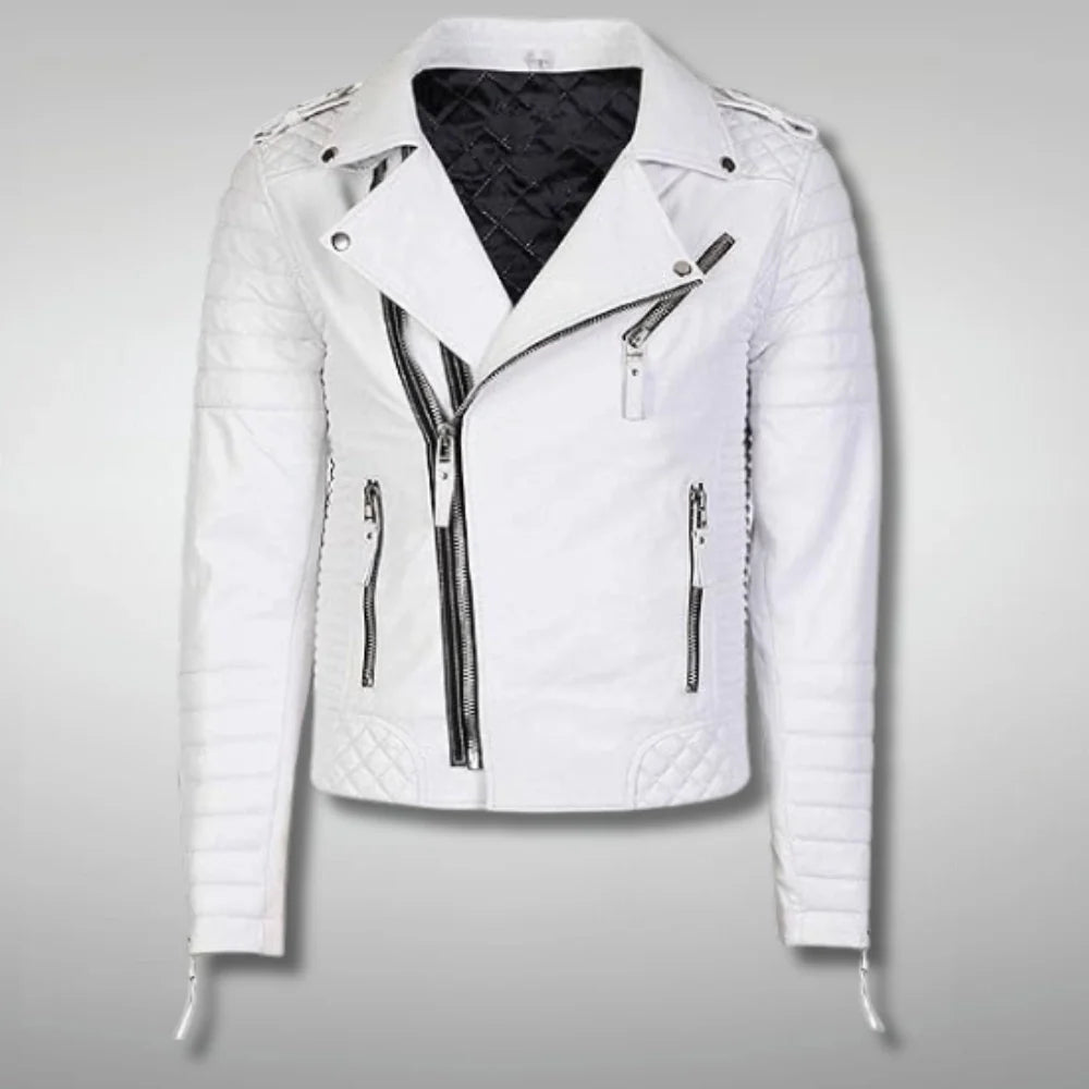 Men's Motorcycle White Leather Jacket