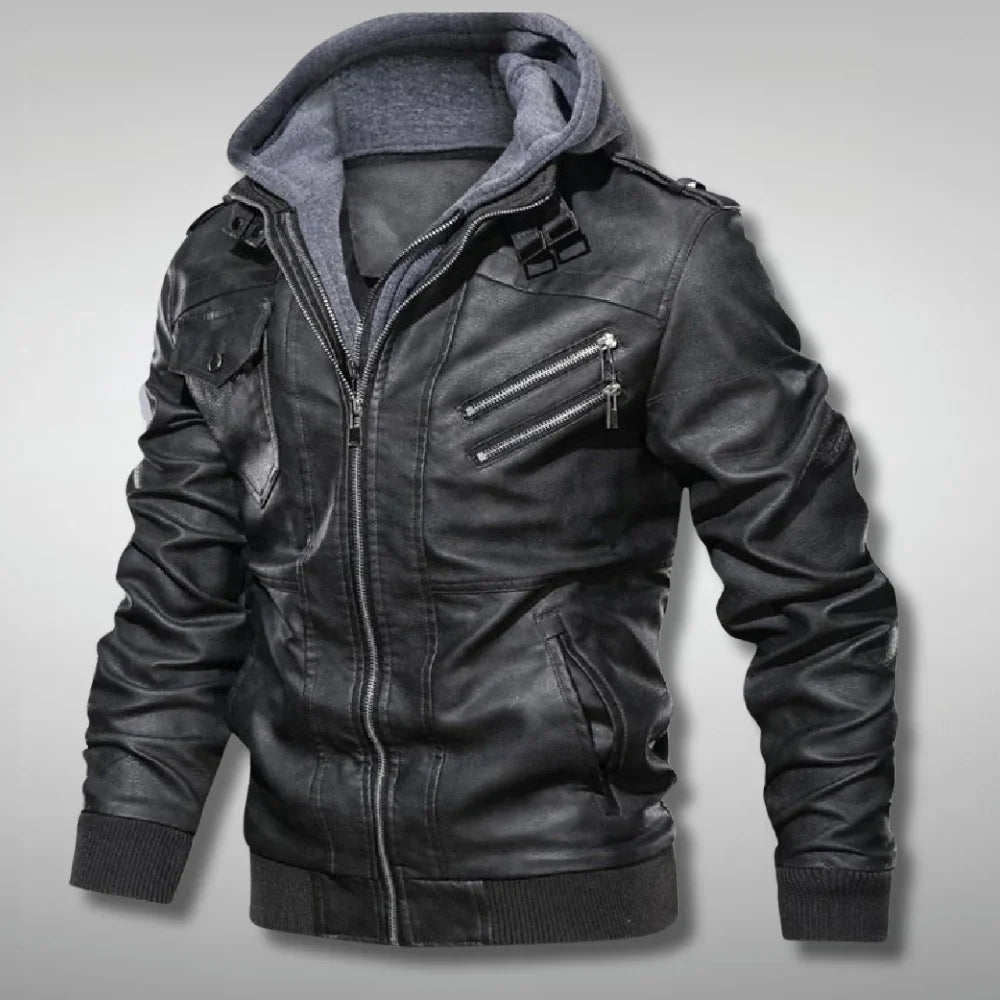 Mens Distressed  Biker Hooded Black Leather Bomber Jacket