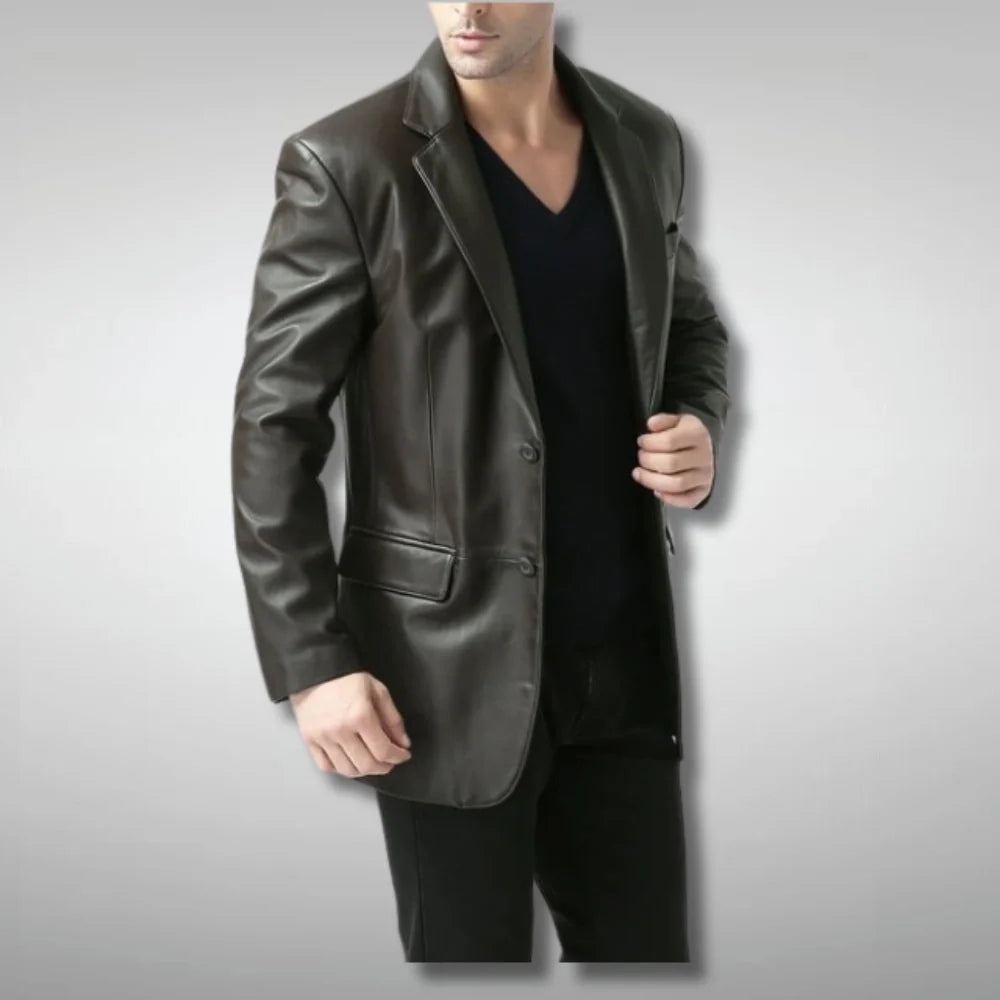 Men's Dark Brown Two Button Leather Blazer Coat