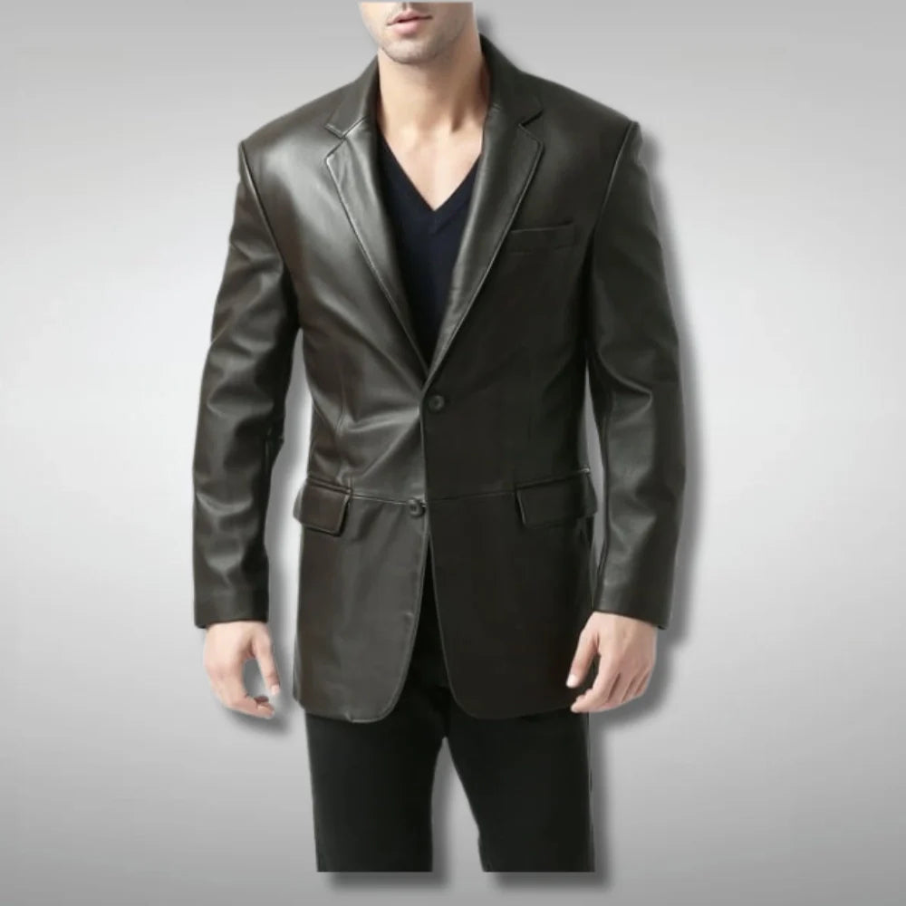 Men's Dark Brown Two Button Leather Blazer Coat