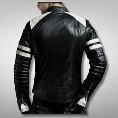 Men's White Strips Black Cafe Racer Jacket