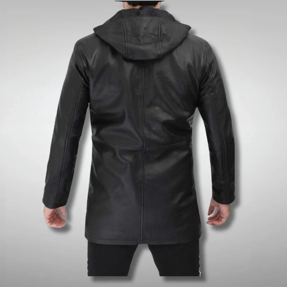 Mens Black Leather Coat with Hood