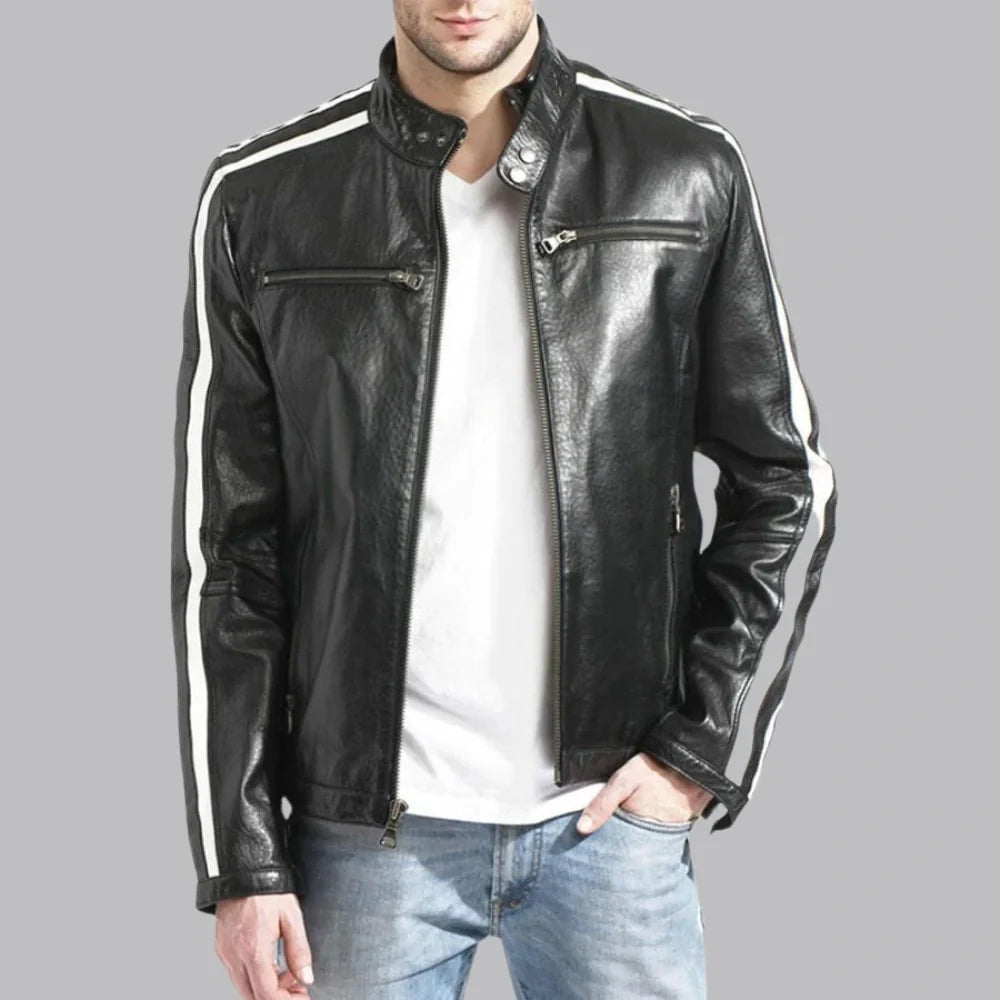 Mens Black White Stripe Motorcycle Jacket