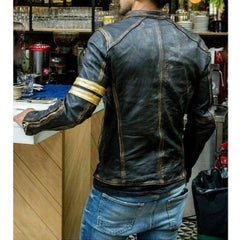 Men's Vintage Biker Yellow Striped Black Distressed Leather Jacket