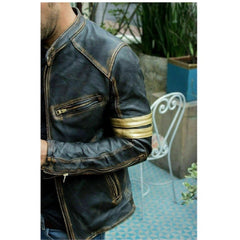 Men's Vintage Biker Yellow Striped Black Distressed Leather Jacket