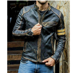 Men's Vintage Biker Yellow Striped Black Distressed Leather Jacket