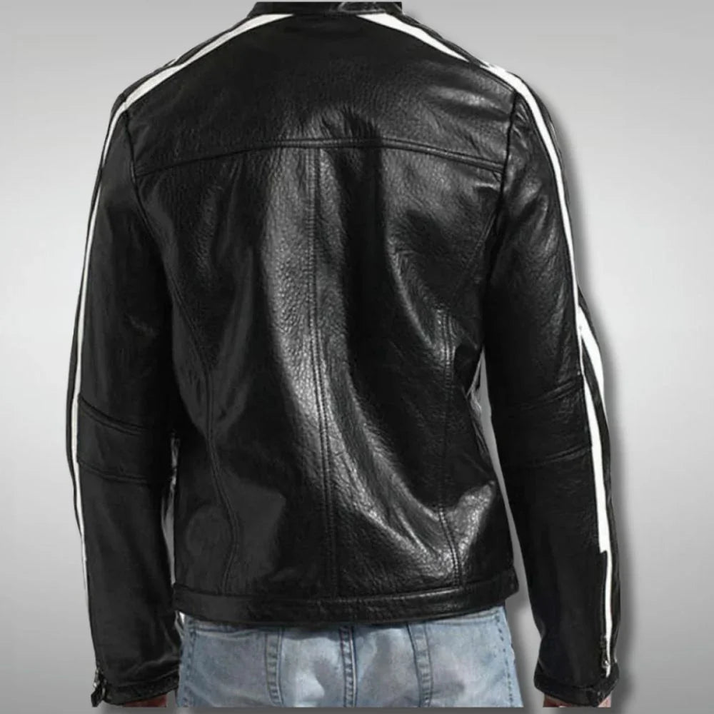 Mens Black White Stripe Motorcycle Jacket