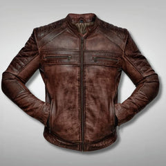 Men's Distressed Brown Cafe Racer Leather Jacket