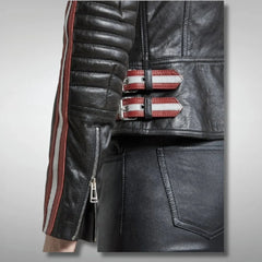 Women's Red And White Strips Quilted Black Motorcycle Leather Jacket