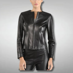 Women's Black Collarless Leather Motorcycle Jacket