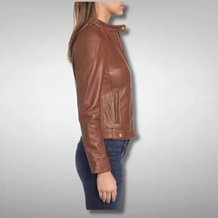 Brown Women's Slim Fit Quilted Leather Biker Jacket