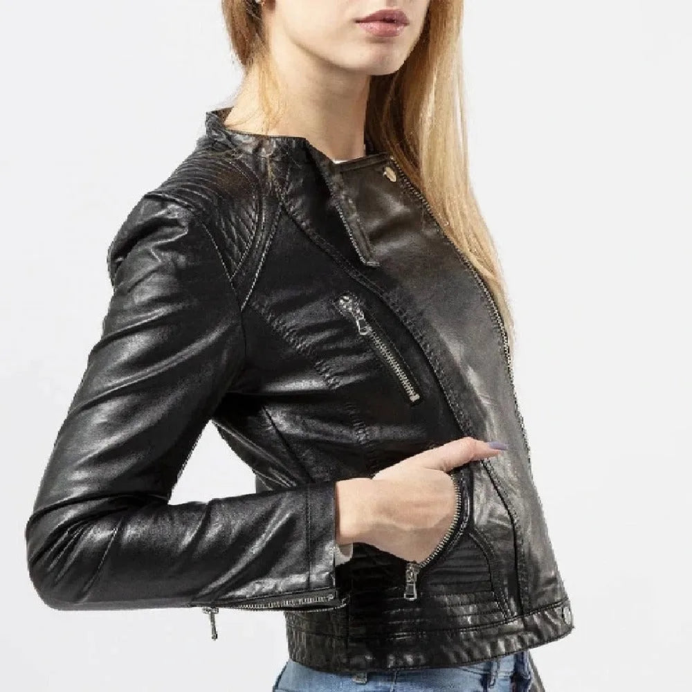 Women's Fashion Black Leather Biker Jacket