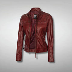 Women's Maroon Quilted Slim Fit Leather Motorcycle Jacket