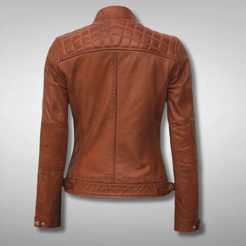 Brown Biker Diamond Quilted Jacket Womens