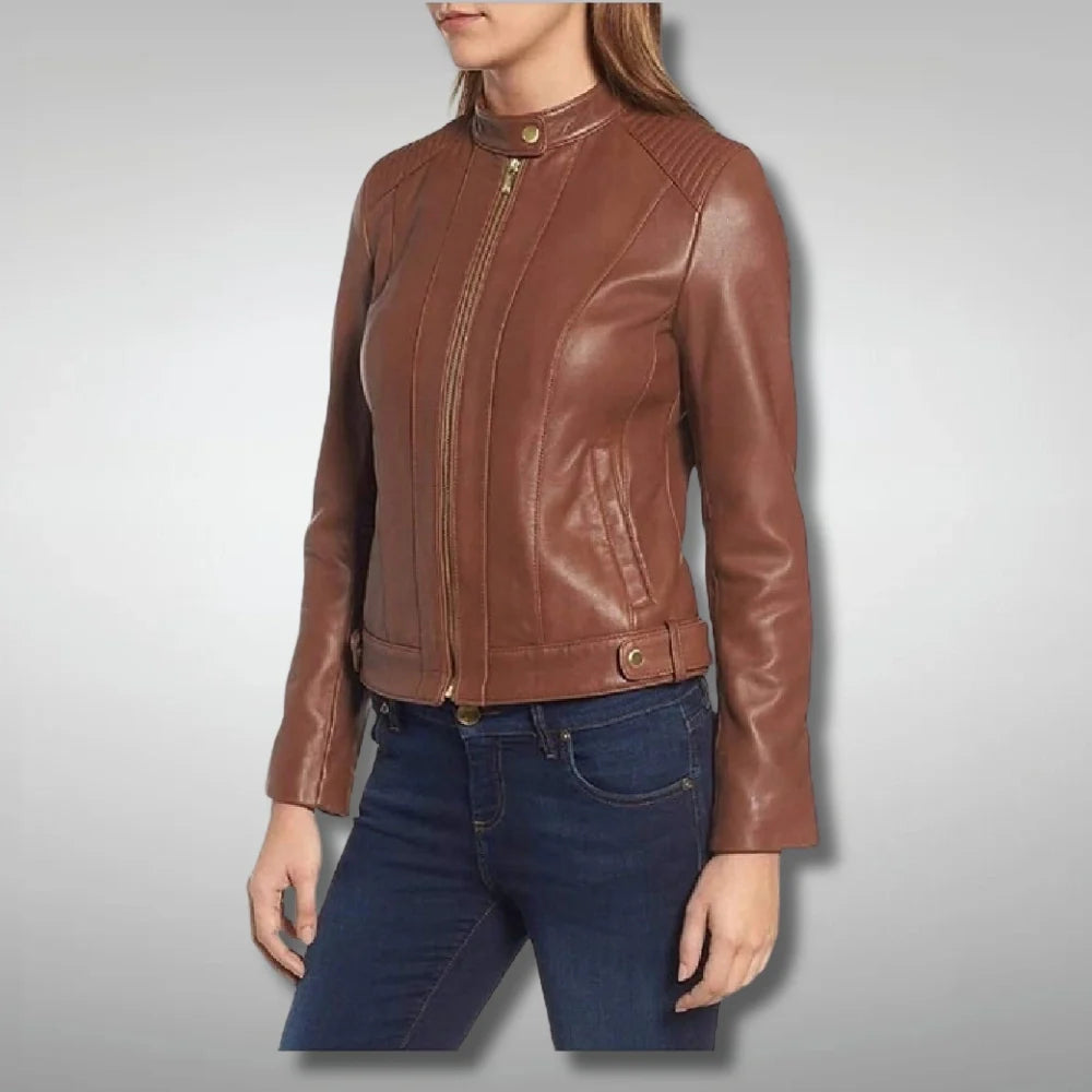 Brown Women's Slim Fit Quilted Leather Biker Jacket