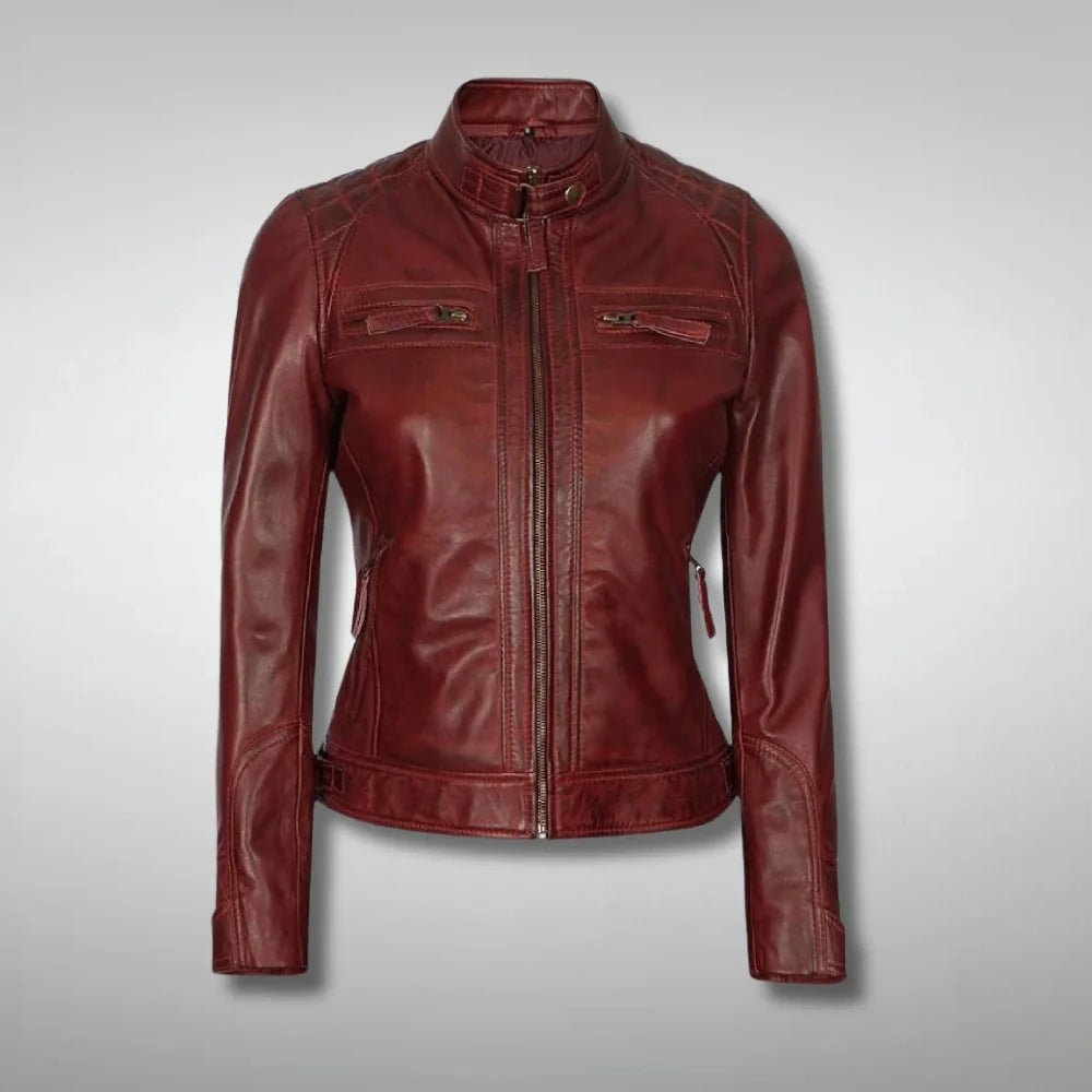 Women's Maroon Quilted Slim Fit Leather Motorcycle Jacket