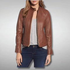 Brown Women's Slim Fit Quilted Leather Biker Jacket