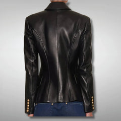 Women's Fashion Double Breasted Slim Fit Black Leather Blazer