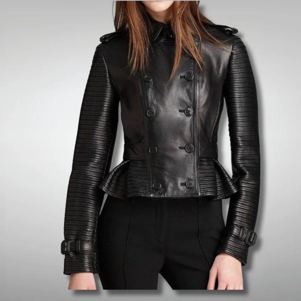 Womens Black Double Breasted Leather Jacket